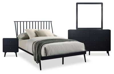 Milan 6pc Bedroom Set with Bed, Dresser, Mirror & Nightstand, Mid-Century Modern, Black - Full Size | Ensemble de chambre à coucher Milan 6 pièces de style moderne du milieu du 20e siècle avec lit, commode, miroir et table de nuit, noir - lit double