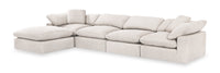 Sofa sectionnel modulaire Eclipse 5 pièces en tissu d’apparence lin avec pouf et coussins réversibles en duvet et plumes - blanc lin