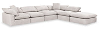 Sofa sectionnel modulaire de style cocon Eclipse 6 pièces en tissu d’apparence lin avec coussins réversibles en duvet et plumes - blanc lin