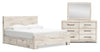 Ensemble de chambre à coucher Derekson 5 pièces blanc rustique avec lit de rangement latéral, commode et miroir - format très grand lit