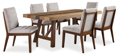 Boden 7pc Dining Set with Table & 6 Chairs, Trestle Base, 78"W - Brown & Beige | Ensemble de salle à manger Boden 7 pièces avec table de 78 po (L), base à tréteaux et 6 chaises - brun et beige