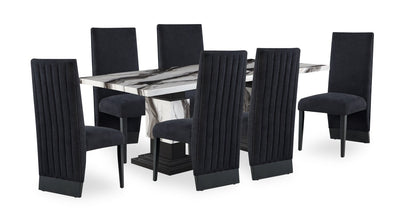 Vega 7pc Dining Set with Table & 6 Chairs, Marble Look, Pedestal Base, 82"W - Black & White | Ensemble de salle à manger Vega 7 pièces avec table de 82 po (L), imitation de marbre, base piédestal et 6 chaises - noir et blanc
