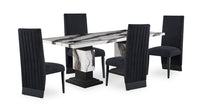 Ensemble de salle à manger Vega 5 pièces avec table de 82 po (L), imitation de marbre, base piédestal et 4 chaises - noir et blanc