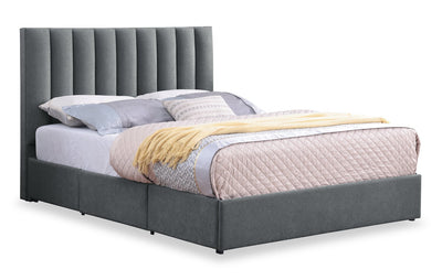 Amos Upholstered Storage Bed in Charcoal Fabric with Channelled Headboard & 3 Built-in Drawers - King Size | Lit de rangement Amos rembourré en tissu anthracite avec tête de lit à canaux et 3 tiroirs intégrés - format très grand lit