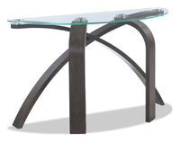 Table de salon moderne Jorja de 46 po avec dessus en verre - brune avec pattes en bois cintré