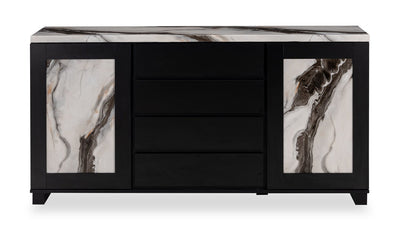 Vega Dining Server with Storage & 4 Drawers, Marble Look, 66"W - Black & White | Desserte de salle à manger Vega de 66 po (L) en imitation de marbre avec rangement et 4 tiroirs - noire et blanche