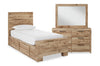 Ensemble de chambre à coucher Derekson 5 pièces naturel avec lit de rangement latéral, commode et miroir - format lit simple