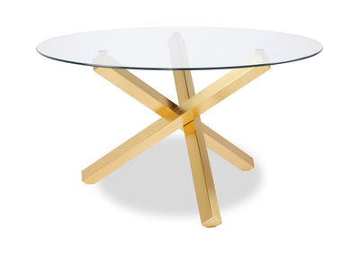 Gem Dining Table with Glass Top, Metal Geometric Base, 55"W Round - Gold | Table de salle à manger ronde Gem de 55 po (L) avec dessus en verre et base géométrique en métal - dorée