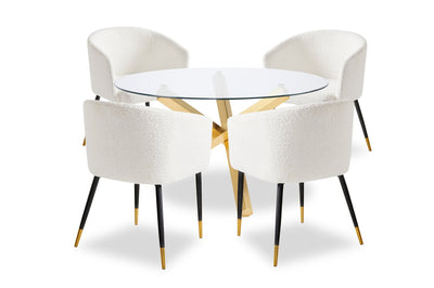 Gem 5pc Dining Set with Table & 4 Chairs, Glass Top & Metal Base, 55"W Round - Gold & White | Ensemble de salle à manger Gem 5 pièces avec table ronde de 55 po (L), dessus en verre, base en métal et 4 chaises - doré et blanc