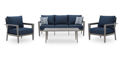 Barrie 4-Piece Outdoor Patio Set with Sofa, 2 Chairs and Table - Aluminum, UV & Weather Resistant - Blue & Grey | Ensemble Barrie 4 pièces pour la terrasse à l’extérieur avec sofa, 2 fauteuils et table - aluminium - bleu et gris