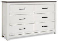 Commode Zoey de 58,3 po (L) x 37,1 po (H) à 6 tiroirs pour la chambre à coucher - deux teintes, blanc et brun