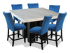 Ensemble de salle à manger Cami 7 pièces de hauteur comptoir avec table carrée de 54 po (L) avec dessus en marbre véritable et 6 chaises bleues