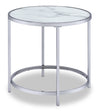 Table de bout ronde somptueuse Josie de 24 po avec dessus en verre et roulettes - imitation de marbre gris avec pattes en métal
