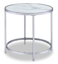 Table de bout ronde somptueuse Josie de 24 po avec dessus en verre et roulettes - imitation de marbre gris avec pattes en métal