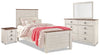 Ensemble de chambre à coucher Willowton 6 pièces pour enfants avec lit, commode, miroir et table de nuit, blanchi - format lit simple