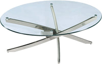 Table à café ronde moderne Zila de 48 po avec dessus en verre - argentée avec base en acier inoxydable