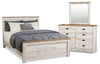 Ensemble de chambre à coucher Kaia 5 pièces avec lit à panneau, commode et miroir, blanchi - format lit double