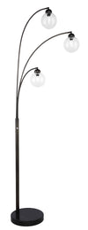 Lampe à pied arquée milieu du 20e siècle de 82 po noire à 3 ampoules avec base en marbre et abat-jour en verre