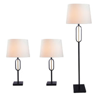 Ensemble 3 lampes Patsy noir mat avec touches dorées brossées, 2 lampes de table et 1 lampe à pied