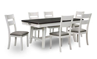 Ensemble de table salle à manger Echo 7 pièces avec table de 70 po (L), tiroirs de rangement, base à tréteaux et 6 chaises - blanc-gris