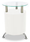 Table de bout ronde moderne Savon de 17,72 po avec dessus en verre et tablette - bois blanc et chrome