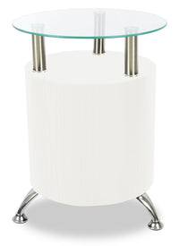 Table de bout ronde moderne Savon de 17,72 po avec dessus en verre et tablette - bois blanc et chrome