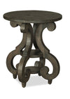 Table de bout ronde traditionnelle Bellamy de 22 po avec tablette - pin brun foncé avec base en bois à volutes