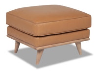 Pouf Vivia de 28 po en cuir véritable avec base en bois - brun caramel