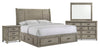 Ensemble de chambre à coucher Levi 6 pièces en bois avec lit de rangement, commode, miroir et table de nuit, gris bois de grève - format très grand lit