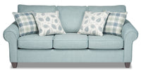 Sofa Scarlett de 87 po fabriqué au Canada en tissu de chenille avec accoudoirs enroulés et coussins décoratifs - bleu marine
