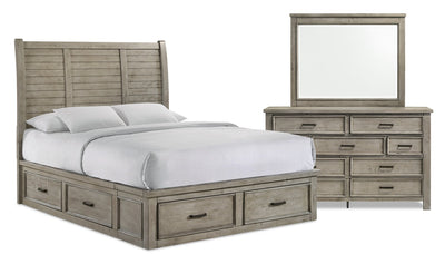Levi 5pc Bedroom Set with Storage Bed, Dresser & Mirror, Wooden, Drift Grey - Queen Size | Ensemble de chambre à coucher Levi 5 pièces en bois avec lit de rangement, commode et miroir, gris bois de grève - format grand lit