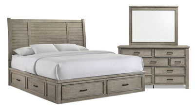 Levi 5pc Bedroom Set with Storage Bed, Dresser & Mirror, Wooden, Drift Grey - King Size | Ensemble de chambre à coucher Levi 5 pièces en bois avec lit de rangement, commode et miroir, gris bois de grève - format très grand lit