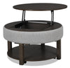 Table à café ronde rustique Elroy de 33 po avec dessus relevable, rangement, tablette et roulettes - brune et grise avec bordure en tissu