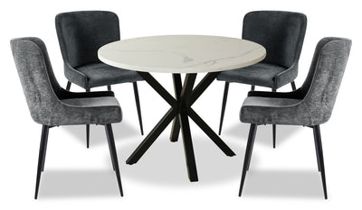 Verona 5pc Dining Set with Table & 4 Lexi Chairs, Culture Marbled Top, Metal, 42"W Round - Grey | Ensemble de salle à manger Verona 5 pièces en métal avec table ronde de 42 po (L), dessus en marbre synthétique et 4 chaises Lexi - gris
