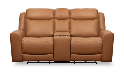Scott Living Prescott 79" Genuine Leather Power Reclining Loveseat with Power Headrests - Butternut Brown | Causeuse à inclinaison électrique Prescott de Scott Living de 79 po en cuir véritable avec appuie-têtes électriques - brun courge musquée