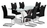 Ensemble de salle à manger Tuxedo 7 pièces avec table de 72 po (L), dessus en verre, base piédestal et 6 chaises - noir