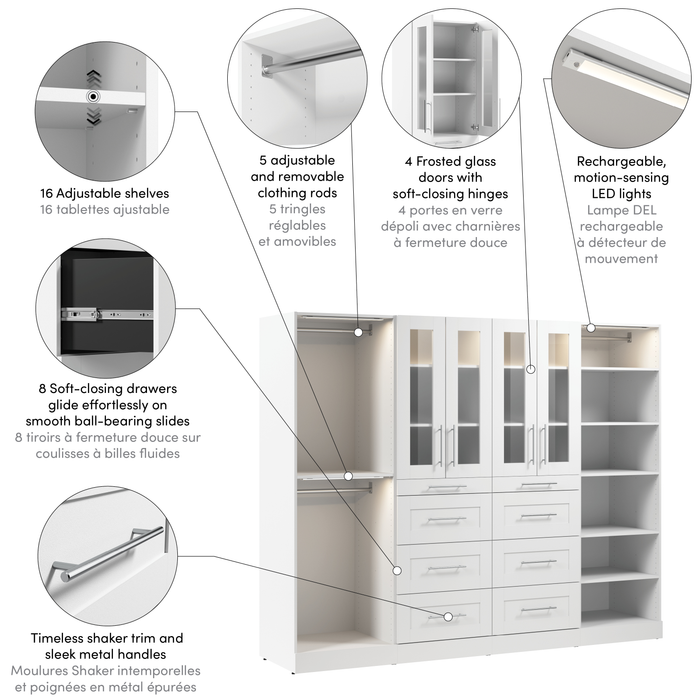 Système de pièce-penderie modulaire Florence de Bestar de 100 po avec éclairages à DEL, tringles, tablettes, tiroirs et portes de style Shaker - blanc