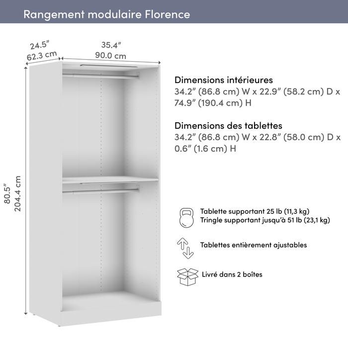 Système de garde-robe modulaire  à 2 espaces pour suspendre Florence de Bestar de 35 po avec éclairage à DEL - blanc