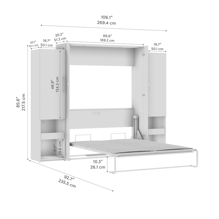 Grand lit escamotable Avalon de Bestar de 107 po (L) avec armoires de rangement et tablette coulissante
