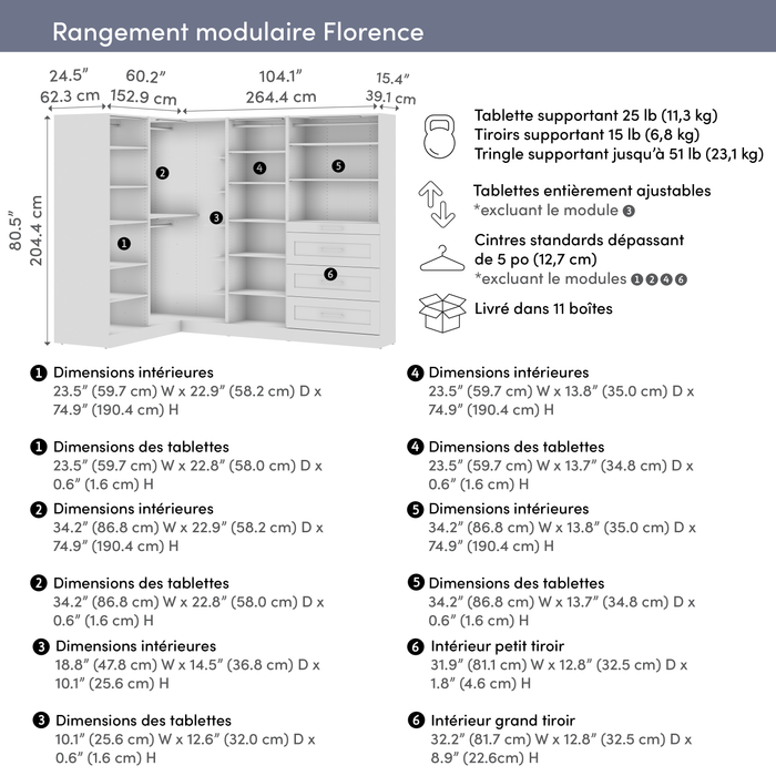 Système de pièce-penderie en forme de L modulaire Florence de Bestar de 105 po avec éclairages à DEL, tringles, tablettes et tiroirs de style Shaker - blanc