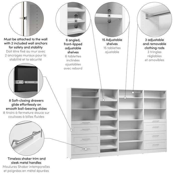 Système de pièce-penderie modulaire Florence de Bestar de 132 po avec tiroirs et tablettes pour chaussures de style Shaker - blanc