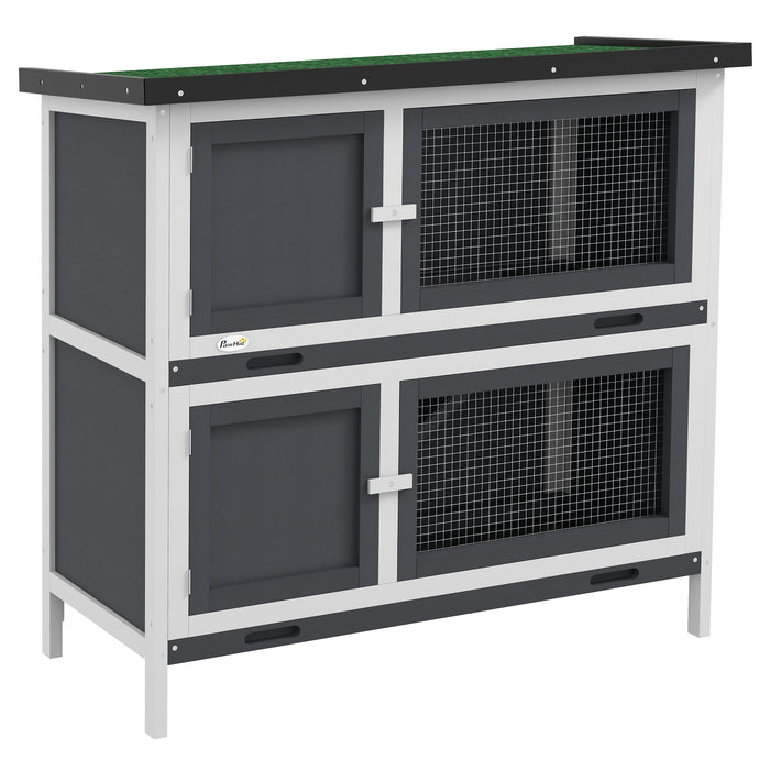 Pawhut Clapier En Bois Pour Lapins, Habitat Pour Petits Animaux Avec Rampe, Plateau Amovible Et Toit Resistant Aux Intemperies, Interieur/exterieur, Gris