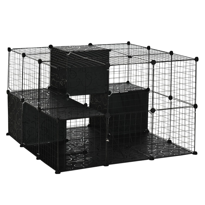 Pawhut Cage Pour Petits Animaux, 56 Panneaux Cage De Lapin Pour Chiots Avec Tapis Antiderapants, Rampes, Parc Pour Animaux De Compagnie Pour Lapin, Chinchilla, Herisson, Noir