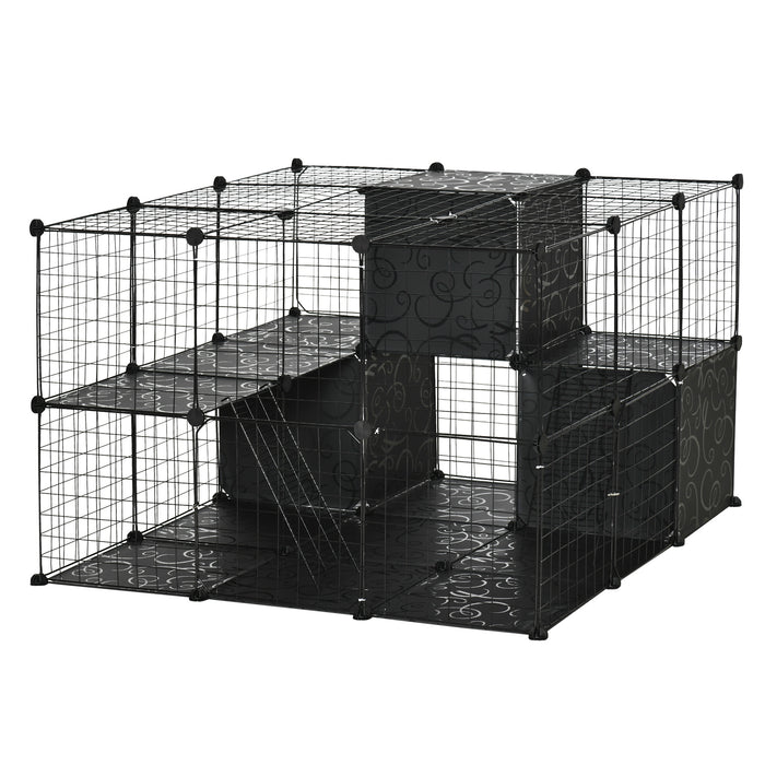 Pawhut Cage Pour Petits Animaux, 56 Panneaux Cage De Lapin Pour Chiots Avec Tapis Antiderapants, Rampes, Parc Pour Animaux De Compagnie Pour Lapin, Chinchilla, Herisson, Noir