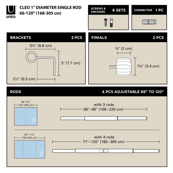  Tringle à rideaux extensible Cleo de Umbra acier nickel de 1 po - 66 po à 120 po
