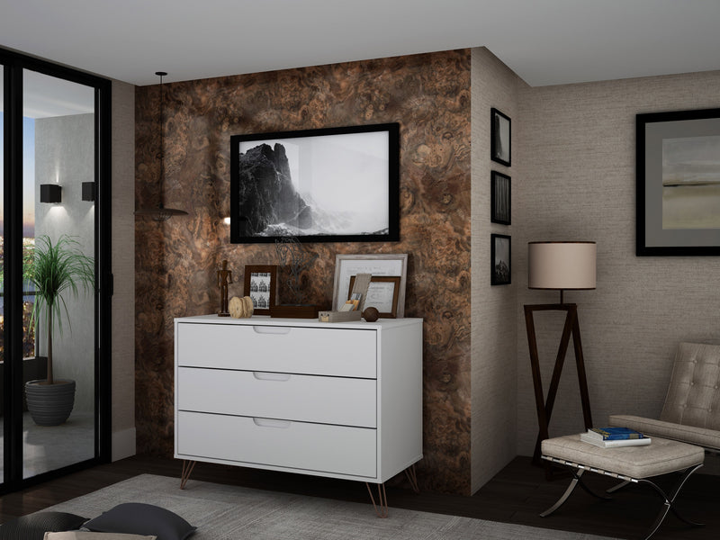 Commode Rockefeller de Manhattan Comfort de style moderne du milieu du 20e siècle avec 3 tiroirs - blanche