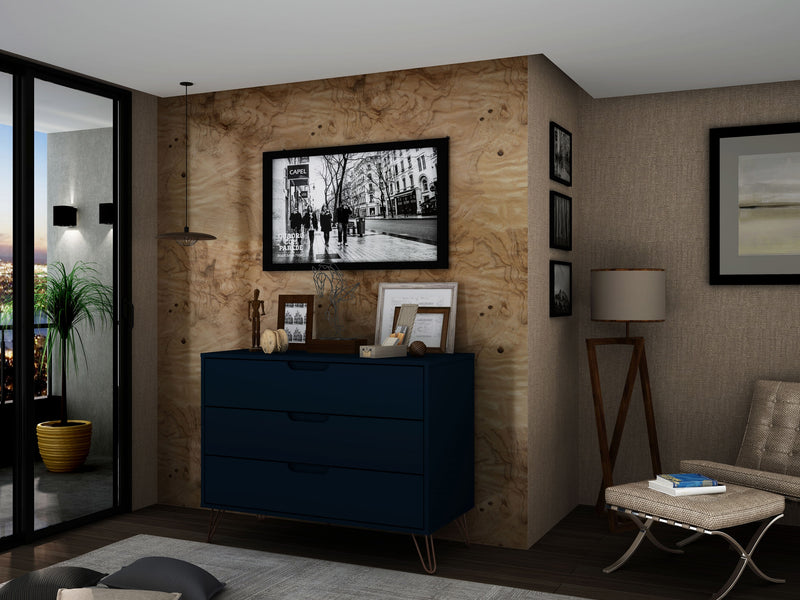 Commode Rockefeller de Manhattan Comfort de style moderne du milieu du 20e siècle avec 3 tiroirs - bleu minuit Tatiana