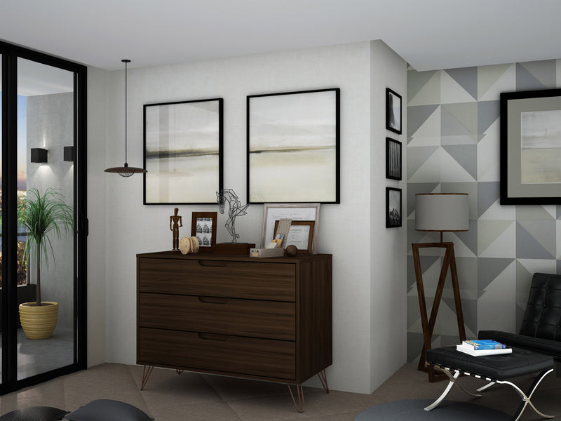 Commode Rockefeller de Manhattan Comfort de style moderne du milieu du 20e siècle avec 3 tiroirs - brune