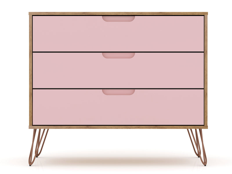 Commode Rockefeller de Manhattan Comfort de style moderne du milieu du 20e siècle avec 3 tiroirs - naturelle et rose