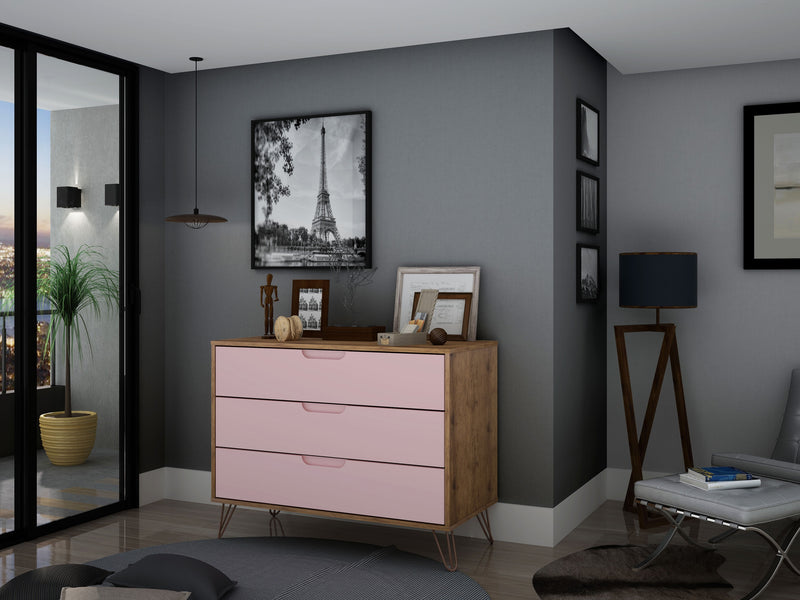 Commode Rockefeller de Manhattan Comfort de style moderne du milieu du 20e siècle avec 3 tiroirs - naturelle et rose
